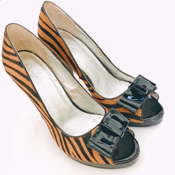 Genuine cowhide tiger print Pumps peep toe Heels - Picture 3 of 9